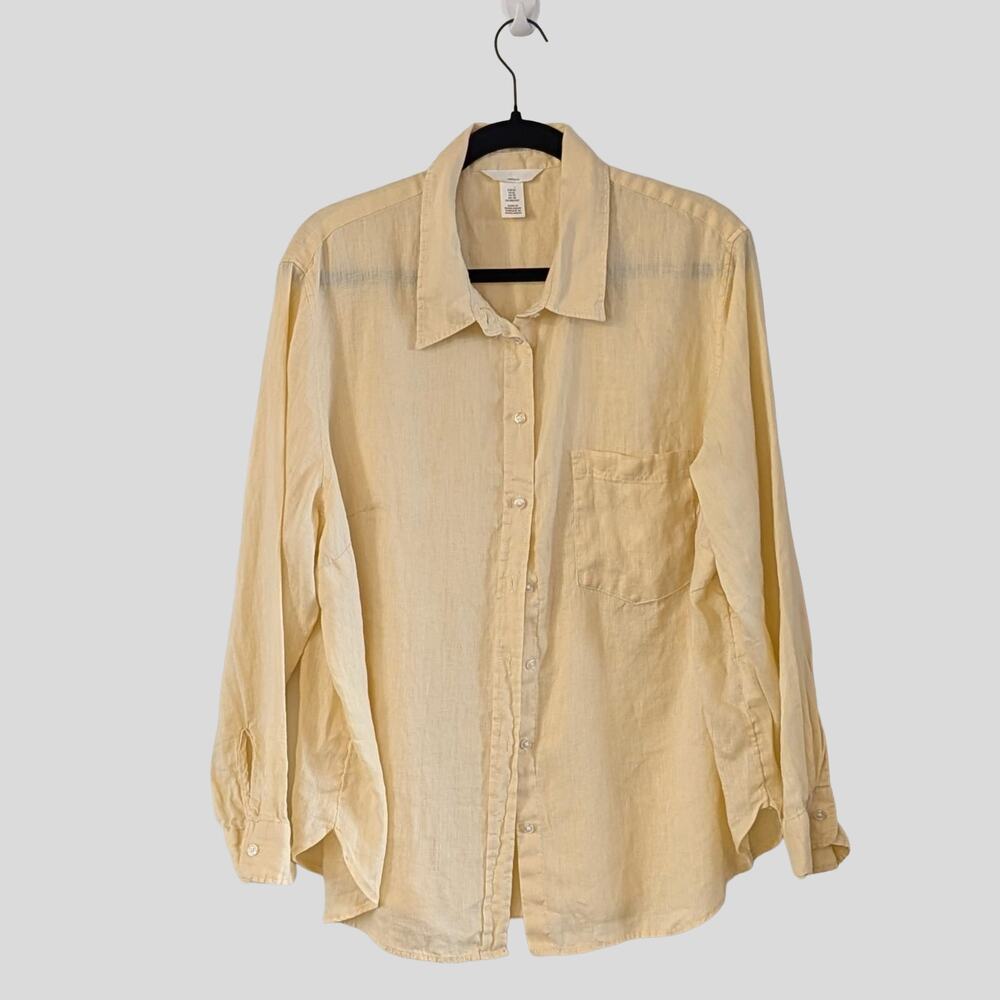 H&M 100% Linen Button Front Shirt XL Butter Yellow Long Sleeve Lightweight